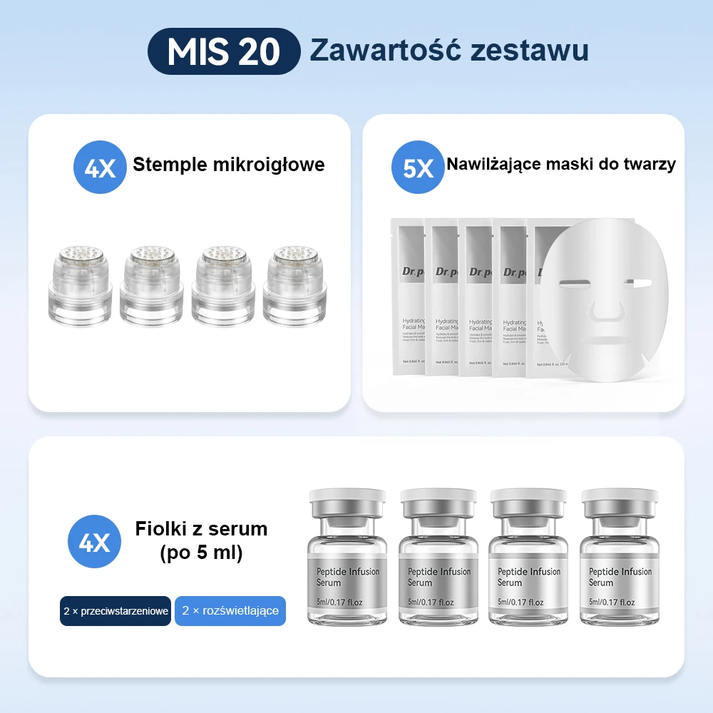 Cztery jednorazowe głowice MIS20 na ilustracji zawartości zestawu